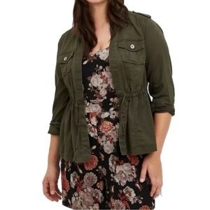 Torrid Jacket Women 00 (Med) Peplum Open Front Drawstring Retro Army Green Twill